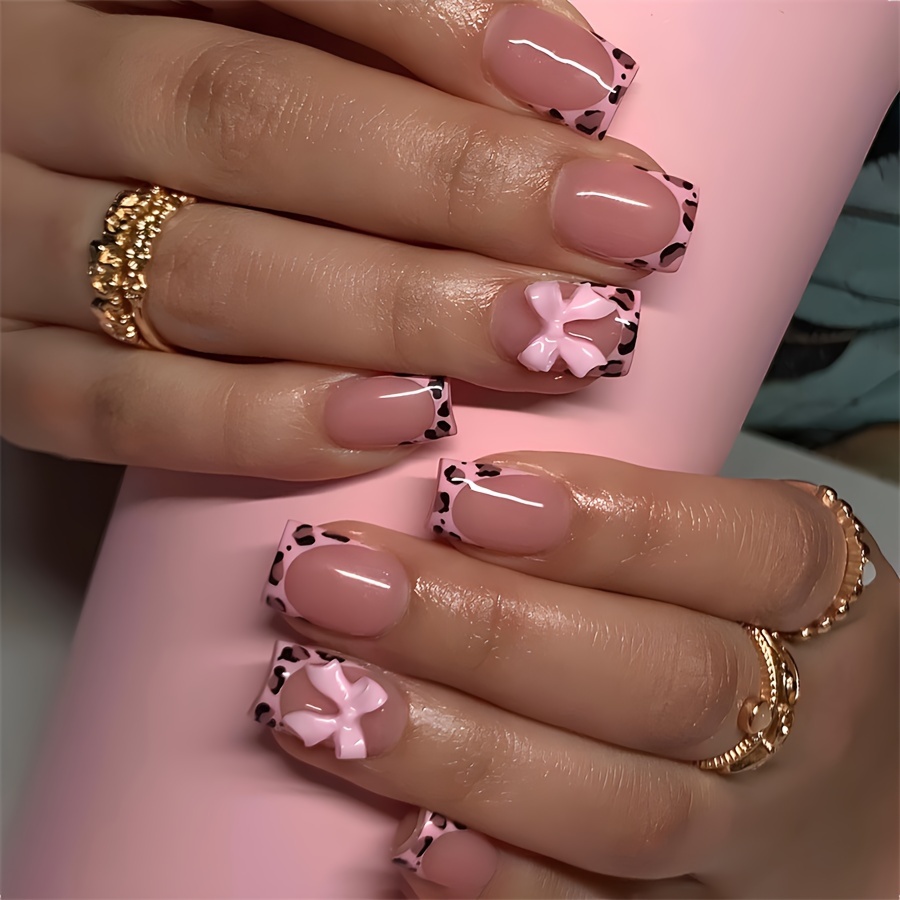 

24pcs Medium Square False Nails Set, Fashionable Glossy Pink Leopard Print With Contrast Bowknots, Removable Full Cover Nail Tips For Women, Perfect For Parties, Dances, And Daily Wear