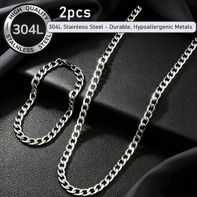 TEMU 2pcs Men's Hip Hop Non-fading 304l Stainless Steel Bracelet Necklace Set, Hypoallergenic Fashion Accessory Wedding Jewelry Set Gift For Men