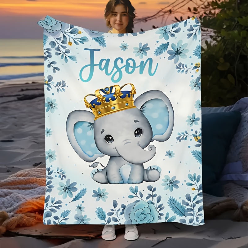 Custom Name Blue Rhyme Crown Baby Elephant Blanket