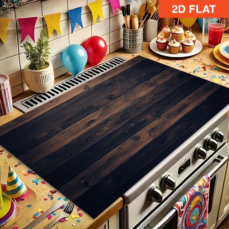 TEMU 1pc+ Tapis de protection de cuisinière Texturé Grain de Bois Marron Foncé-Noir + Couverture de cuisinière de cuisine facile à nettoyer, Augmente