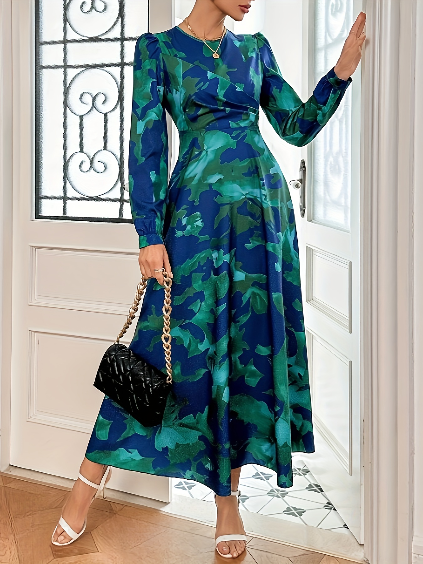 Women's Elegant A-Line Long Sleeve Dress with Geometric Camouflage Print  Machine Washable Round Neck Hem Versatile Casual to For