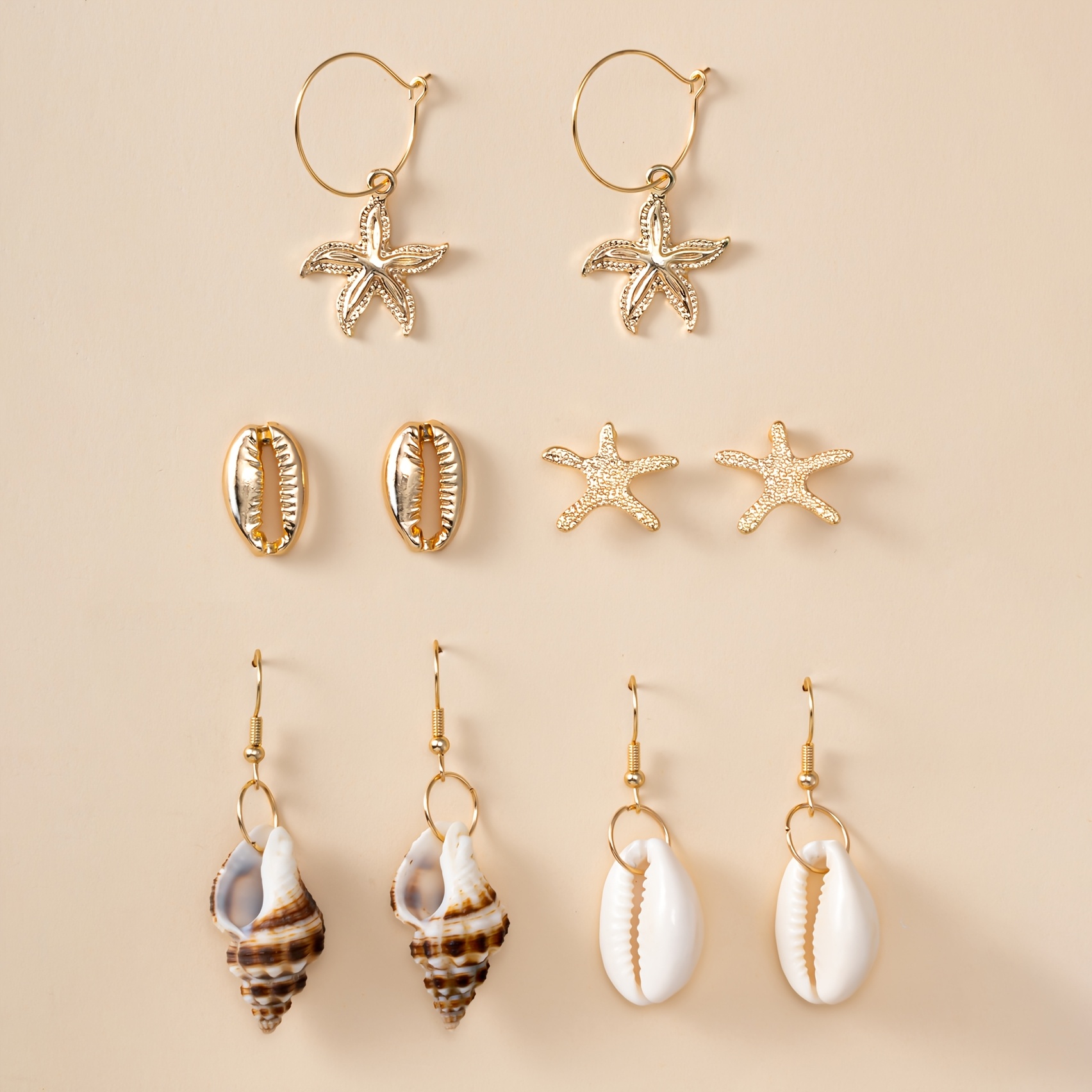 Image of 5 Pairs Vacation Exquisite Multi-piece Ear Jewelry Set Cute Seashell Starfish Women's Stud Earrings Beach Outing Daily Matching Non-repetition Fashion Easy Multi-style Leisure Combination Gift