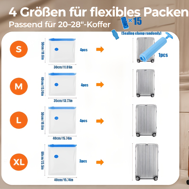TEMU 31-teiliges Kleideraufbewahrungstaschen-Organizer-Set, inklusive 4 Größen versiegelbarer Aufbewahrungstaschen (4S X 4M X 4L X 3XL), 15 Stück