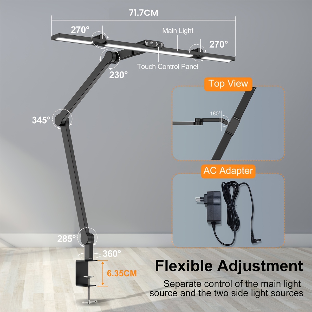 E-shop Clip-On LED Schreibtischlampe mit flexiblem, drehbarem Design mit drei faltbaren Abschnitten, geeignet für den Bürogebrauch. Sie bietet drei