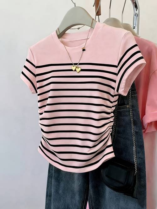 targeted style summer fashion versatile elegant womens t shirt waist cinching multicolor striped color block short sleeve t shirt
