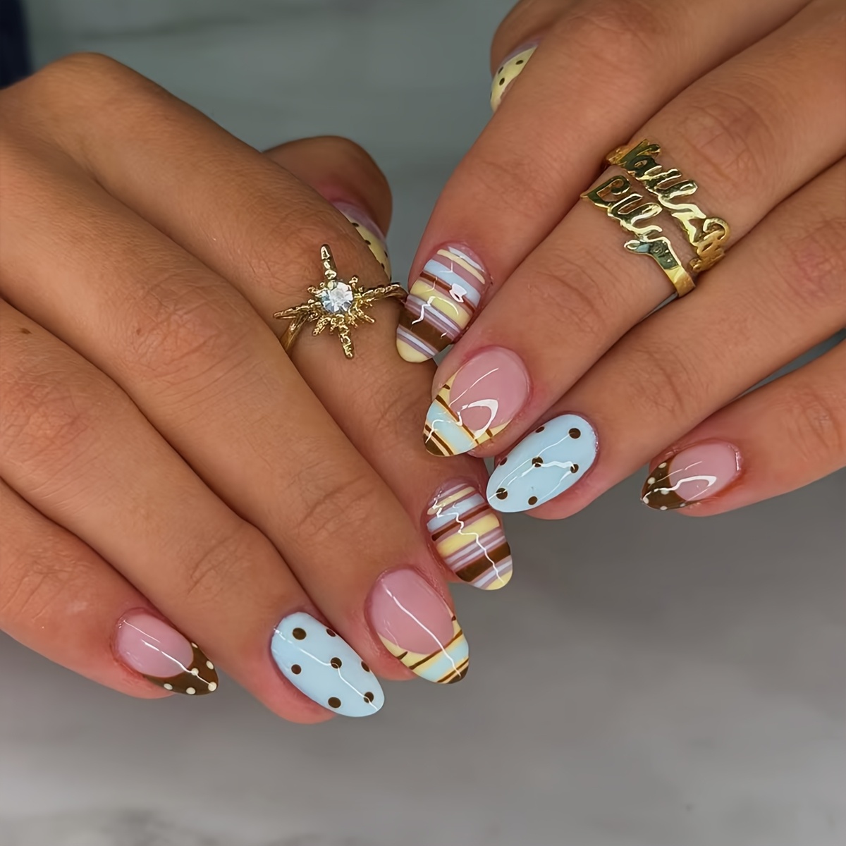 TEMU 24pcs Medium Almond Press On Nails, With Brown Polka Dots & Pastel Striped Color Block Fake Nails, Sheer Nude False Nails, Cute Retro Vintage