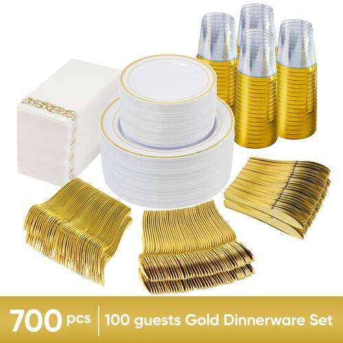 juego de 350/700 platos desechables dorados/ para 50/100 invitados, platos de plástico desechables para fiestas, , graduaciones, , juego de vajilla de platos de , platos de ensalada, cubiertos, vasos y servilletas
