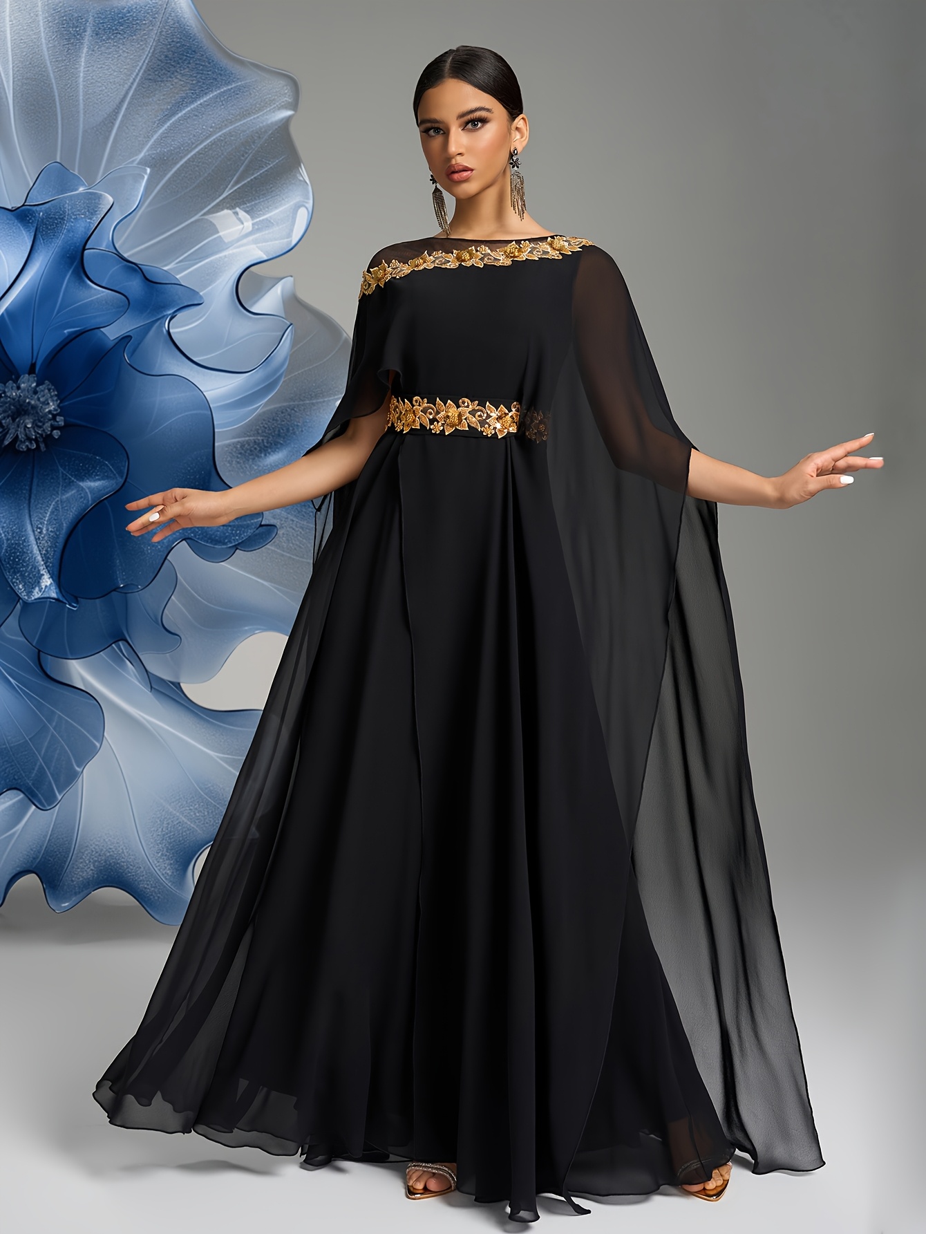 elegant black cape sleeve maxi dress golden embroidery floor
