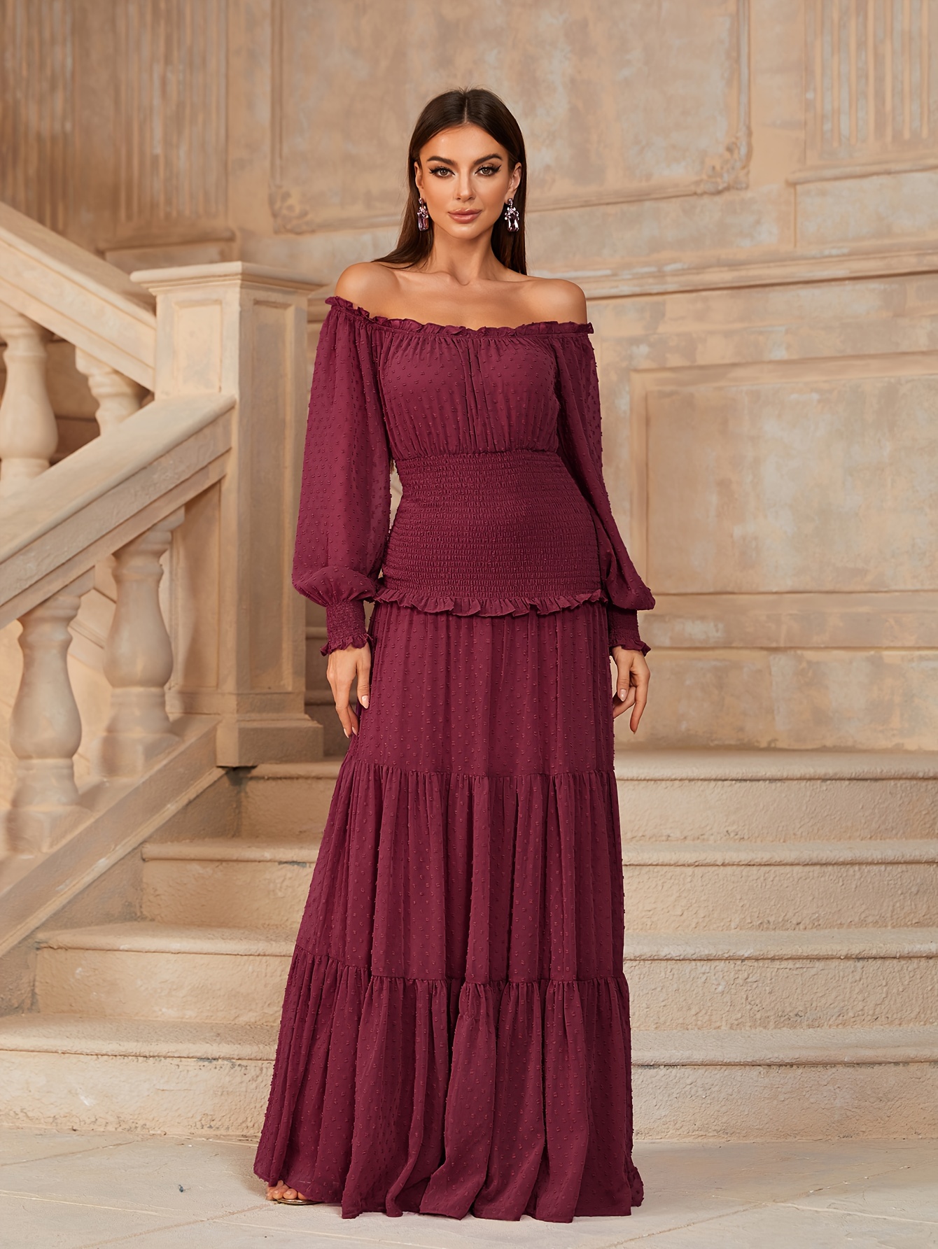 dot shoulder dress elegant layered ruffle hem dress
