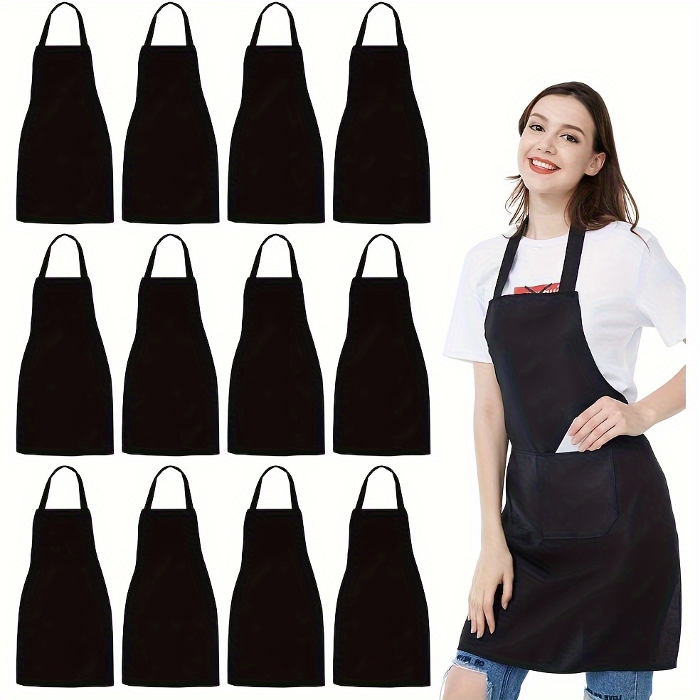 12pcs Black Polyester Bib Aprons with Roomy Pockets - Unisex, Machine Washable for Kitchen, Crafting, BBQ & Drawing, Durable & Comfortable Design, Best for Christmas