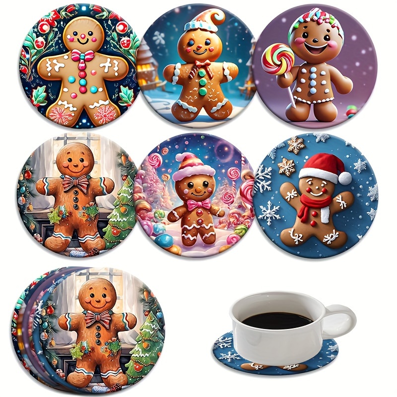 

Set Of 6 Gingerbread Man Christmas Coasters - Wooden Drink Mats For Tea, Coffee & Beverages - Essential & Restaurant Decor, Ideal Gift For Seasonal Celebrations