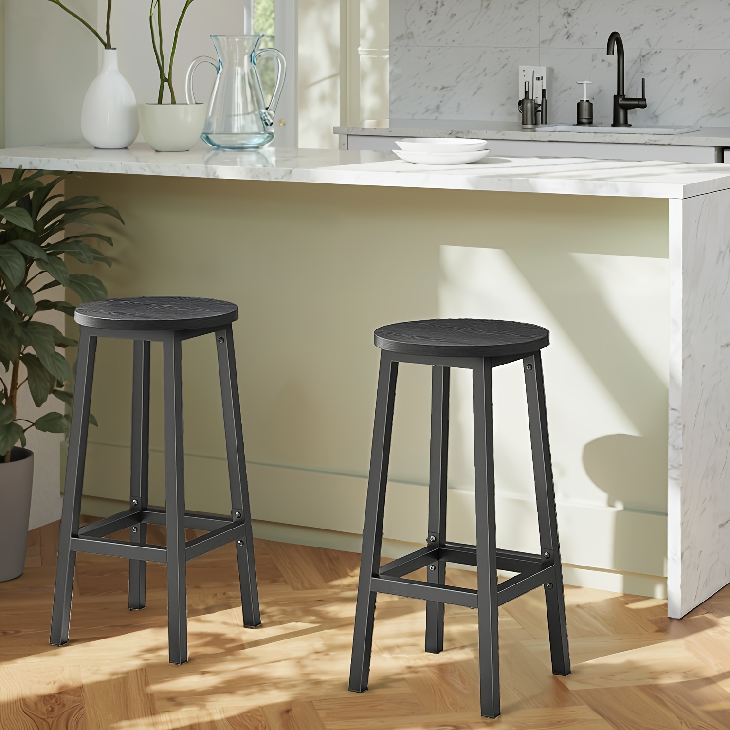 Set Of 2 Heavy-duty Retro Bar Stools With Metal Frame & Footrest - Easy Counter Chairs, Sturdy /plywood Suitable For, Cafe, Bar, Dining Room - Space-
