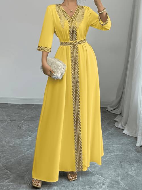 item picture 2026 new abaya robe style kimono sleeve long dress v neck caftan robe wrap style front panel high waist empire line floor length dress trim sequined embroidery golden bead trim golden contrast ruffle tie waist skirt fashion arabic