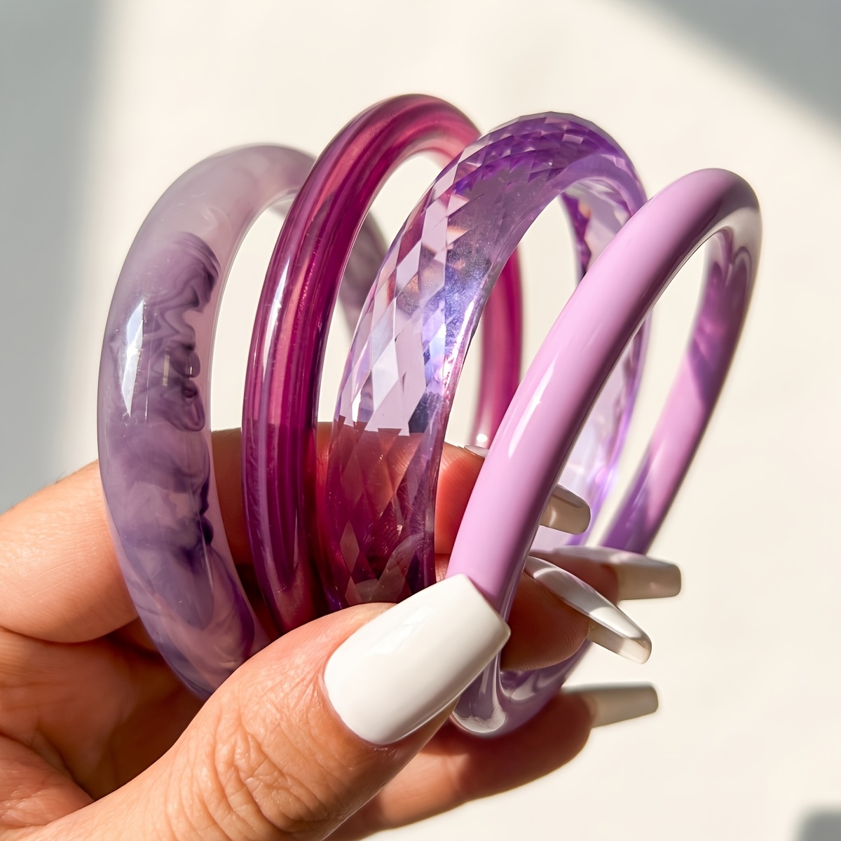 TEMU 4pcs Bohemian Purple Round Resin Bracelet Set Fashionable Trendy Women's Bangle Stackable And Wearable Alone