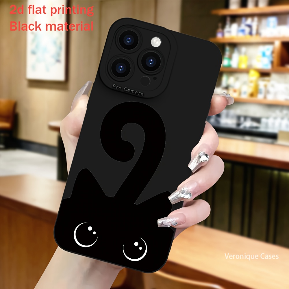 TEMU Phone Case - 2d Flat Printing, 1pc, For Iphone 17 Pro Max Case: Sleek, Aesthetic, Cute, Luxury Case. Cute Black Cat With Tail And Big Eyes