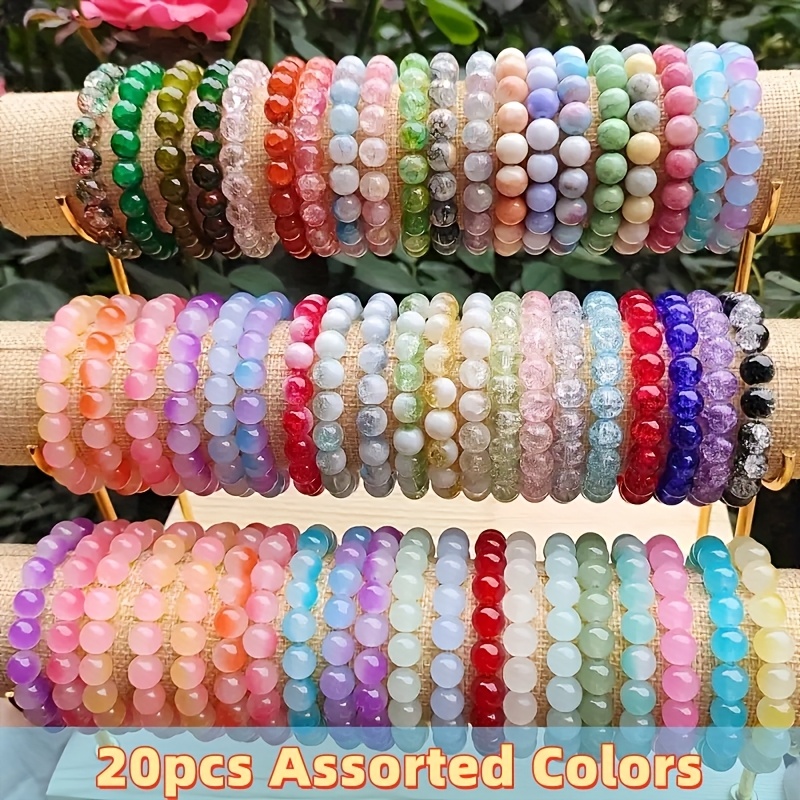 TEMU 20pcs Bead Bracelets Set For Women - 8mm Beads Handcrafted Colorful Elastic Bangle Collection, Perfect For & Party Occasion, Casual Beach Style