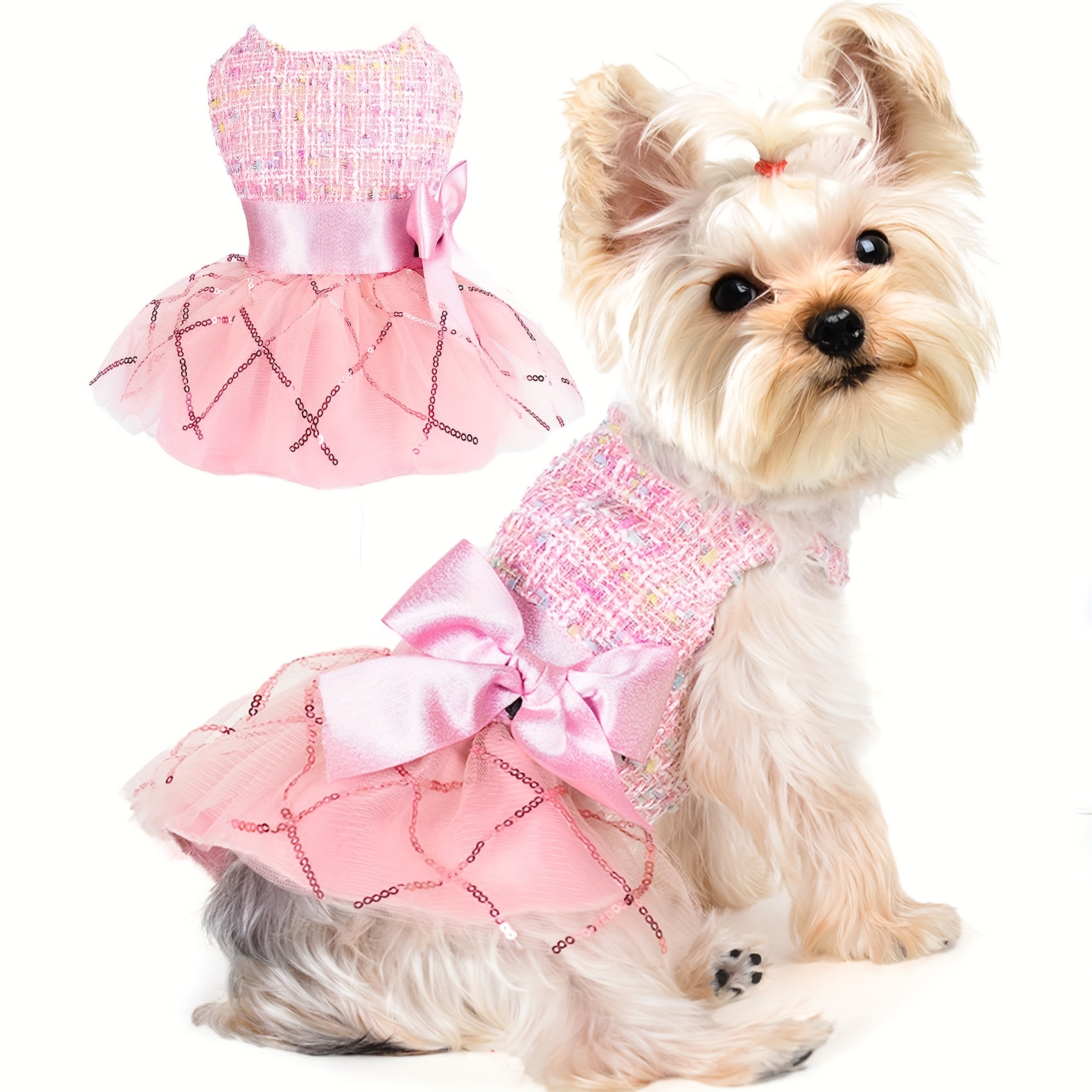 

Adorable Dog Skirt Dress, Soft Knit Polyester Pullover With Delicate Flower Skirt, Outfit Bow-tie Girl Dog Clothes Pet Apparel For Birthday Wedding Holiday (pink)