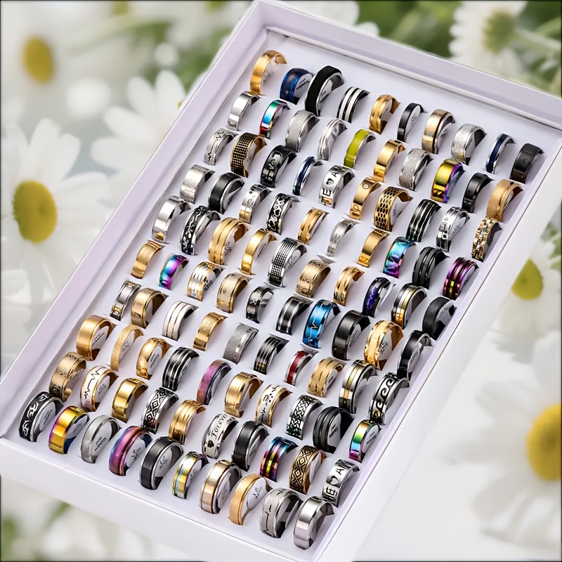 TEMU 10pcs Unique Stainless Steel Men's And Women's Rings, Retro And Fashionable Hollowed-out Engraved Rings, Styles With Random Patterns, Suitable
