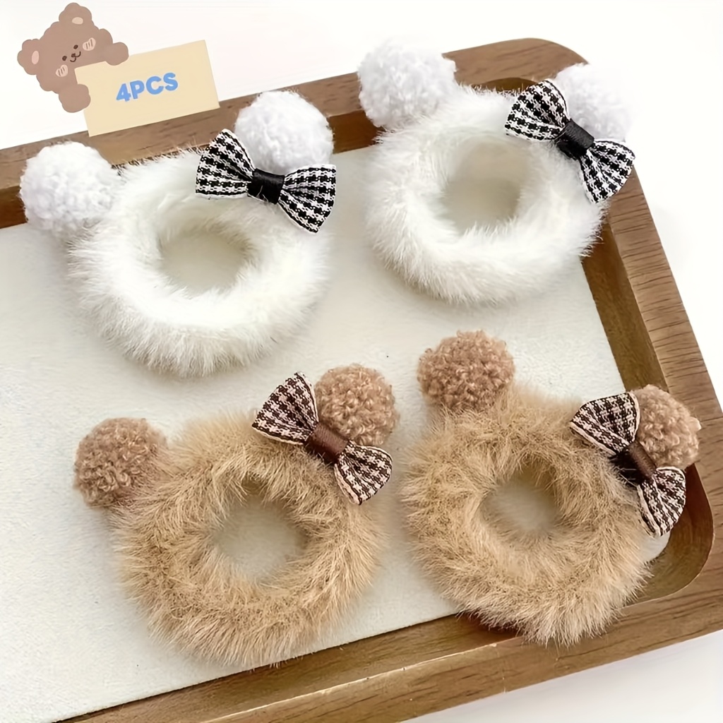 TEMU Lot de 4 serre-têtes chouchous en peluche ours en peluche de dessin animé avec boule, serviette, élastique à cheveux, accessoires pour cheveux