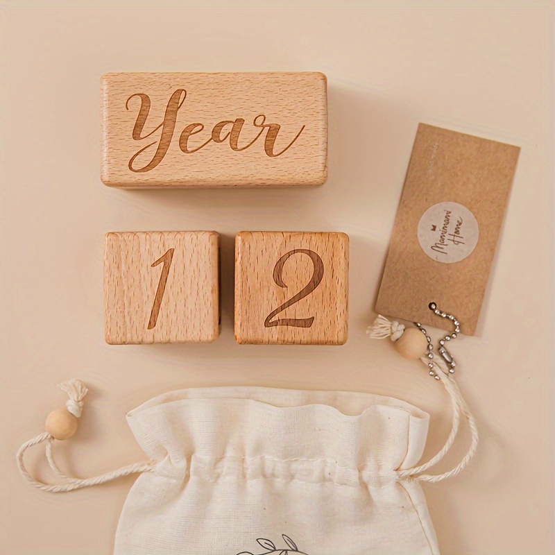 1 set wooden milestone blocks   photo props growth milestone markers birth month keepsake light brown wood blocks with hello world drawstring bag details 9