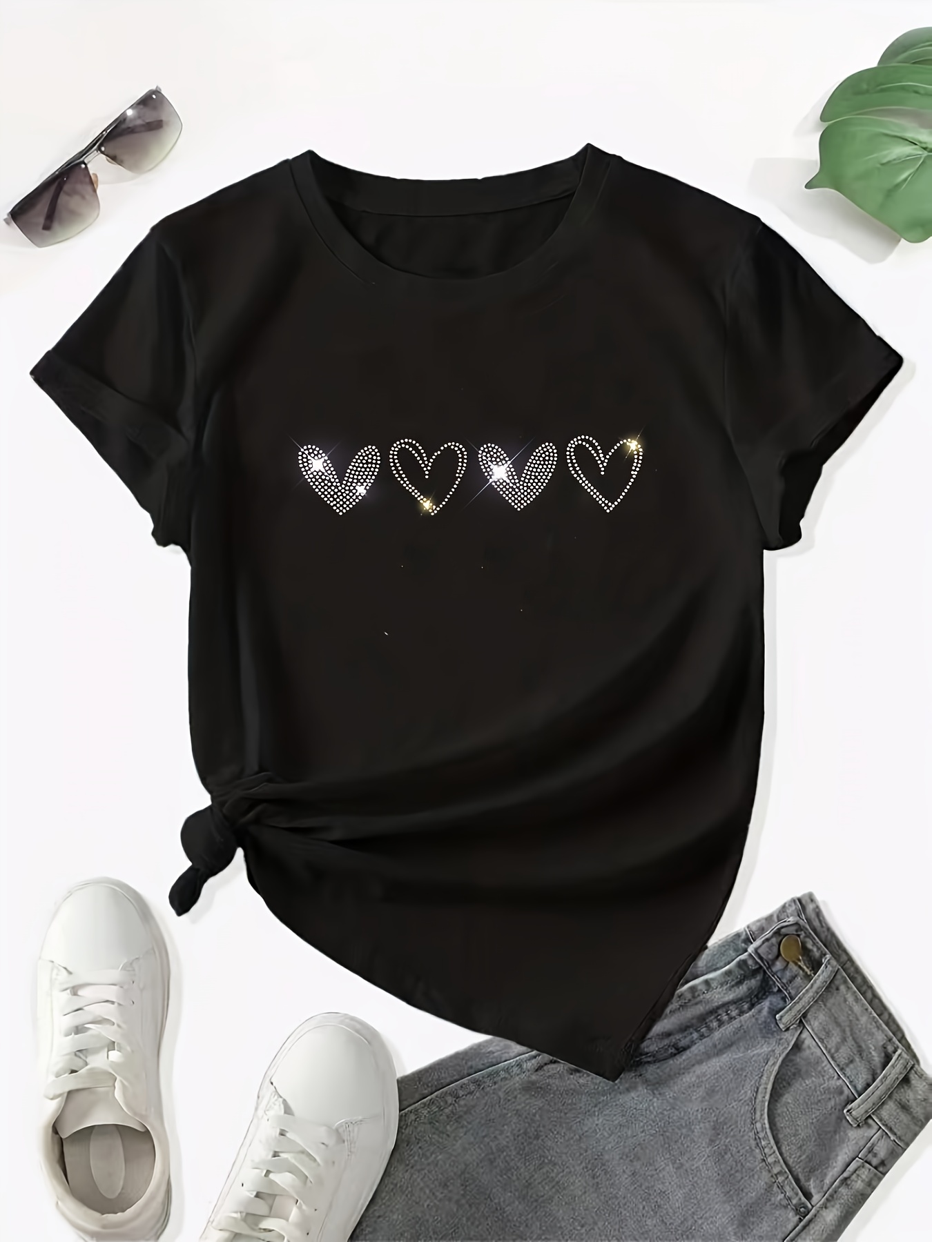 TANGNADE Women's Heart-Shaped T-shirt Zipper Decoration V-neck  Short-Sleeved Loose Top 