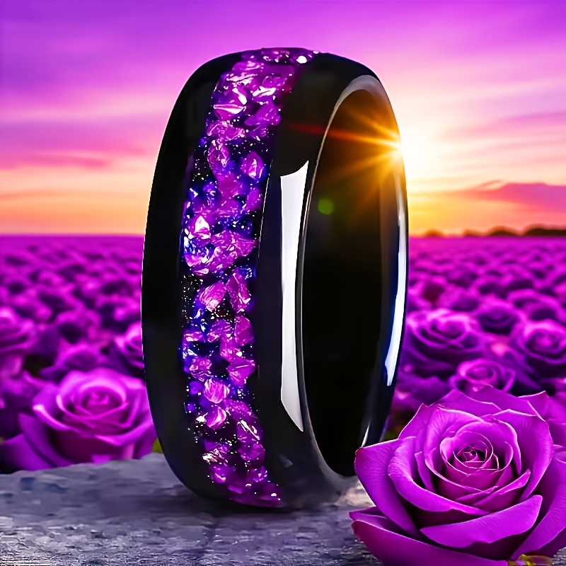 Inel elegant de 8 mm din oțel inoxidabil sintetic, unisex, perfect pentru logodnă și nuntă, potrivit pentru petreceri, cadouri și purtare zilnică, adiții de nuntă | Inele la modă | Ornament cu fulgi florali albastru-violet, ideal pentru zile de naștere și Crăciun