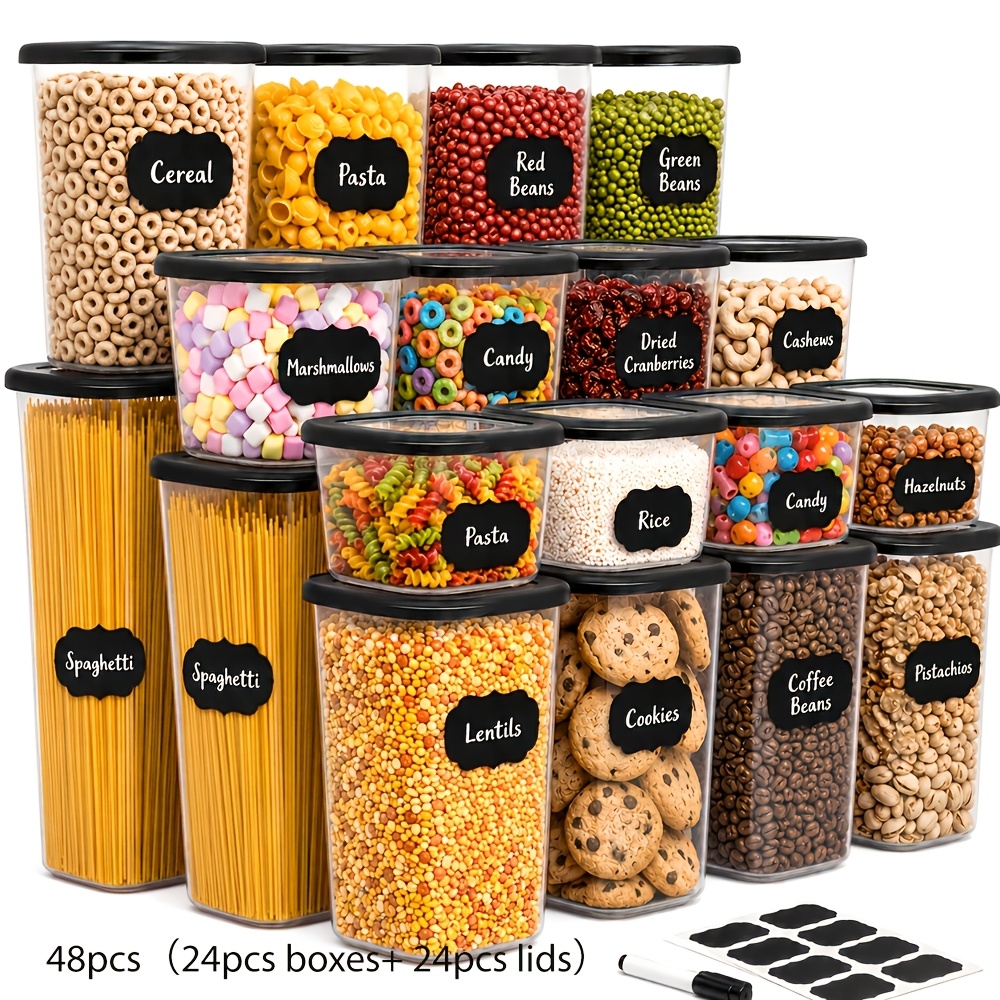 48pcs(24pcs Boxes+ 24pcs Lids) Clear Food Storage Containers Set with Lids, Stackable Pantry Organization Containers for Cereal, Flour, Sugar, Pasta And Snacks, Kitchen Storage & Organization Accessories, Includes Labels And Marker