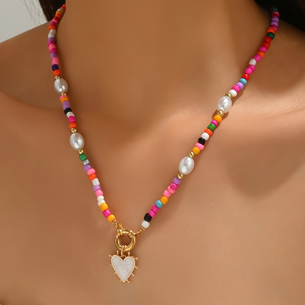Image of Trendy Necklace Featuring A Colorful Heart Pendant, Perfect For Women. This Versatile Piece Of Jewelry Is A Great Holiday Gift For Your Wife Or Girlfriend.