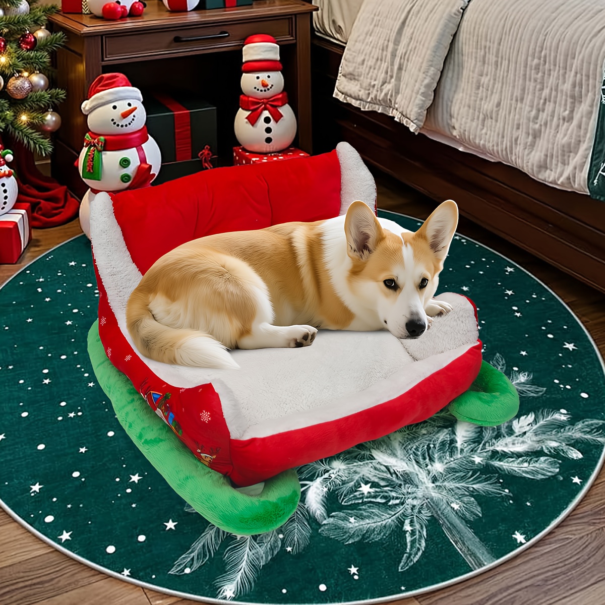 heated christmas sleigh pet bed with removable washable cover -   thickened dog bed with plush filling, red & green festive design with white fur trim, sturdy frame &   - ideal for large/small/  dogs,   house, cozy winter bed for home decor, no  ,   gift,   fabric Product details 7
