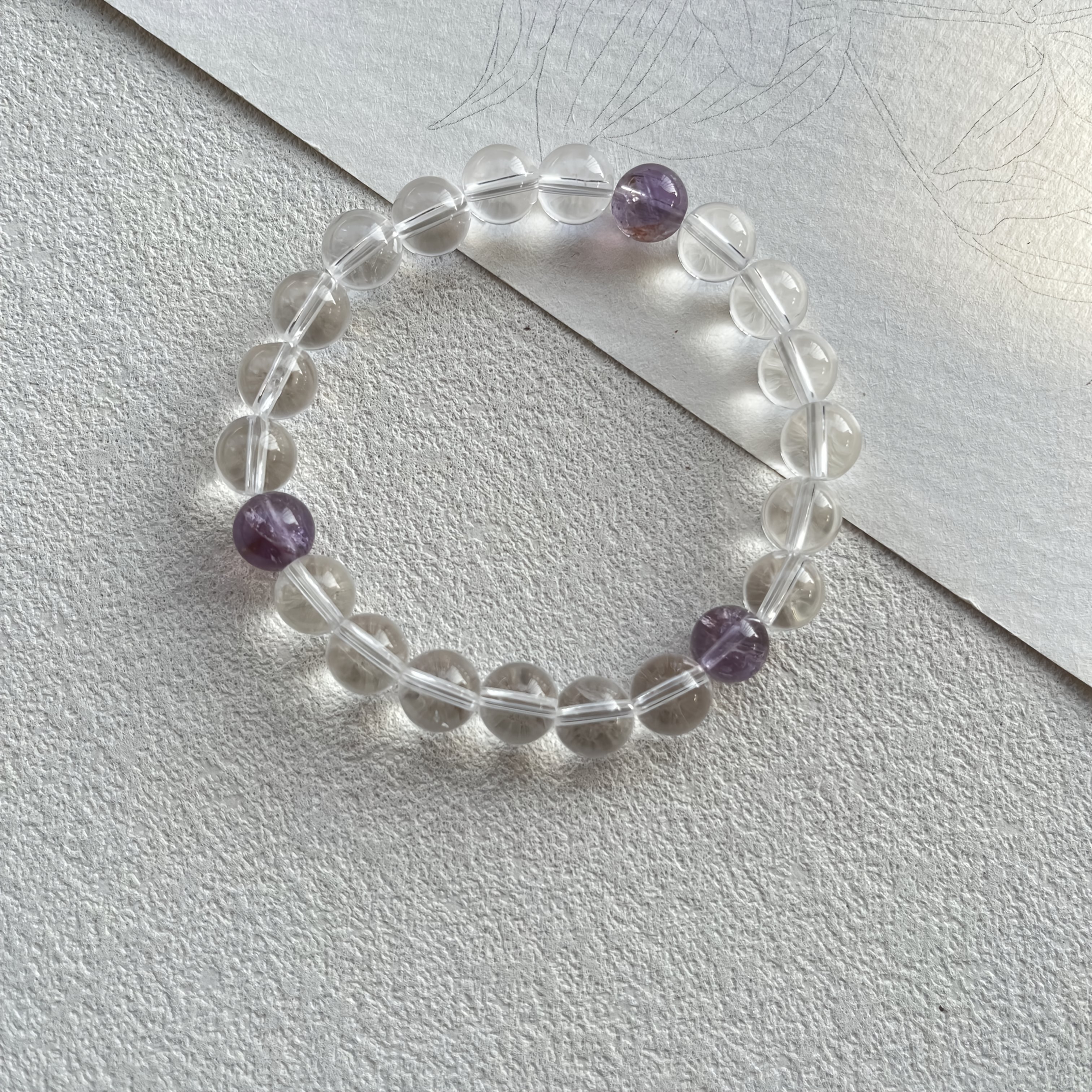 Natural White Quartz Bead Bracelet with Purple Amethyst