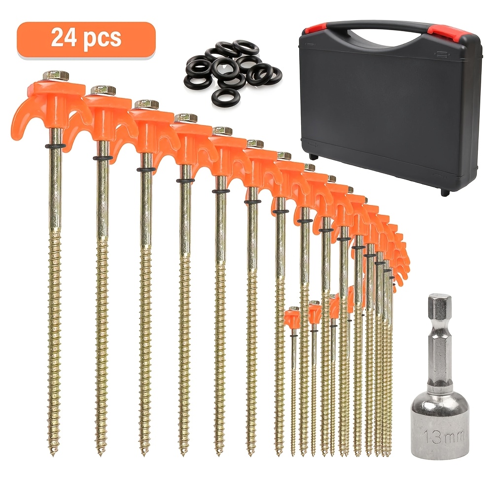 Image of 24pcs Screw In Heavy Duty Drill Top Tent Pegs Set Camping Ground Awning Pegs Case