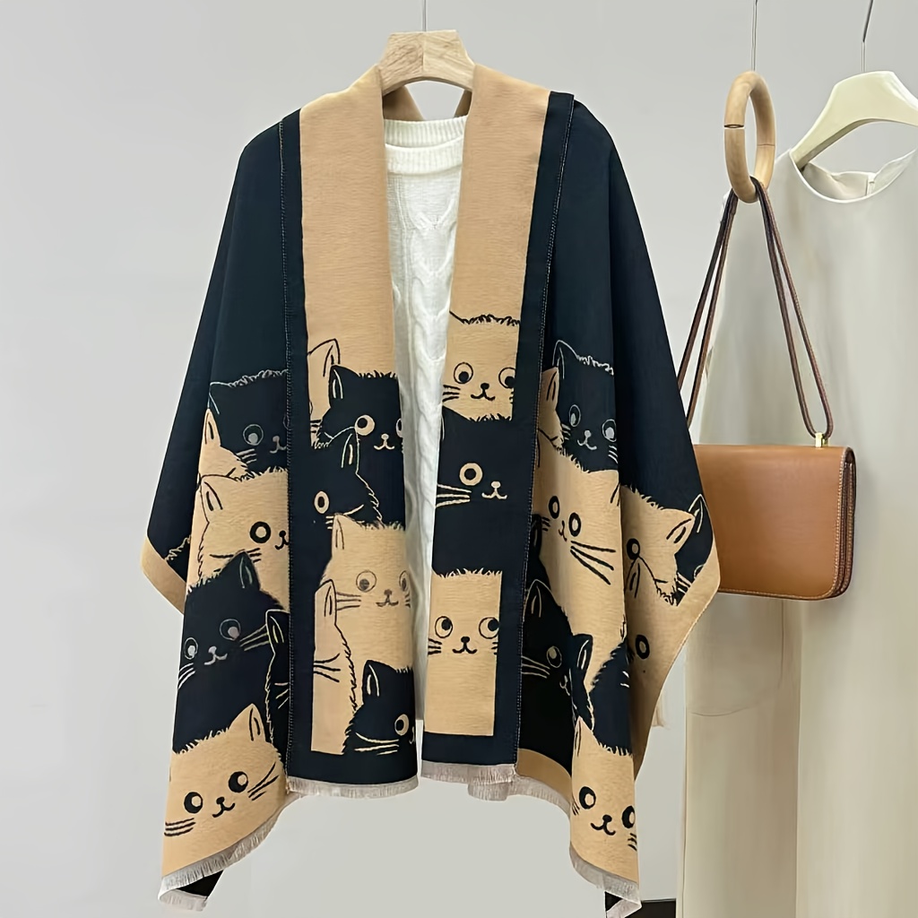 TEMU 1pc Women's Cute Cat Print Scarf - Soft Beige & Brown With White Cat Patterns, Japanese Shawl For Weekend Coffee Shop Outfits, Picnic Accessory,
