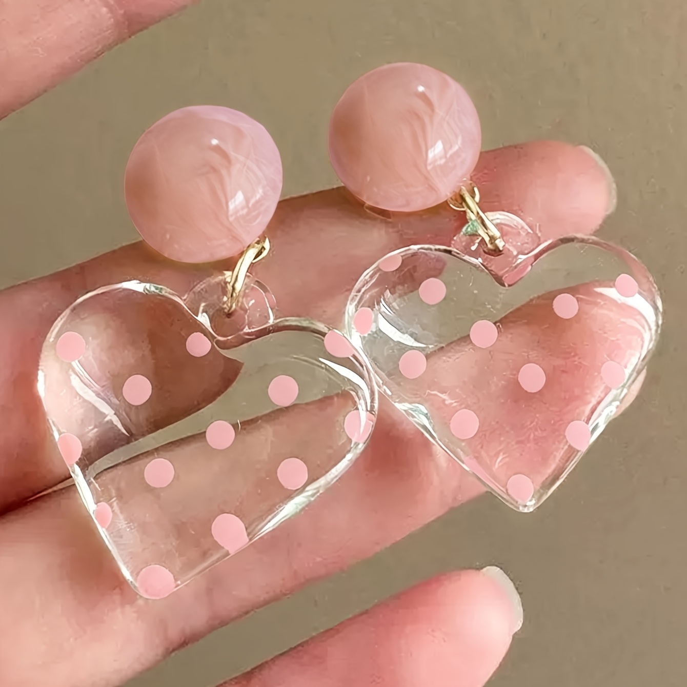 TEMU 1 Pair Fashionable Sweet Synthetic Transparent Resin Pink Polka Dot Heart Earrings Suitable For Women' Parties
