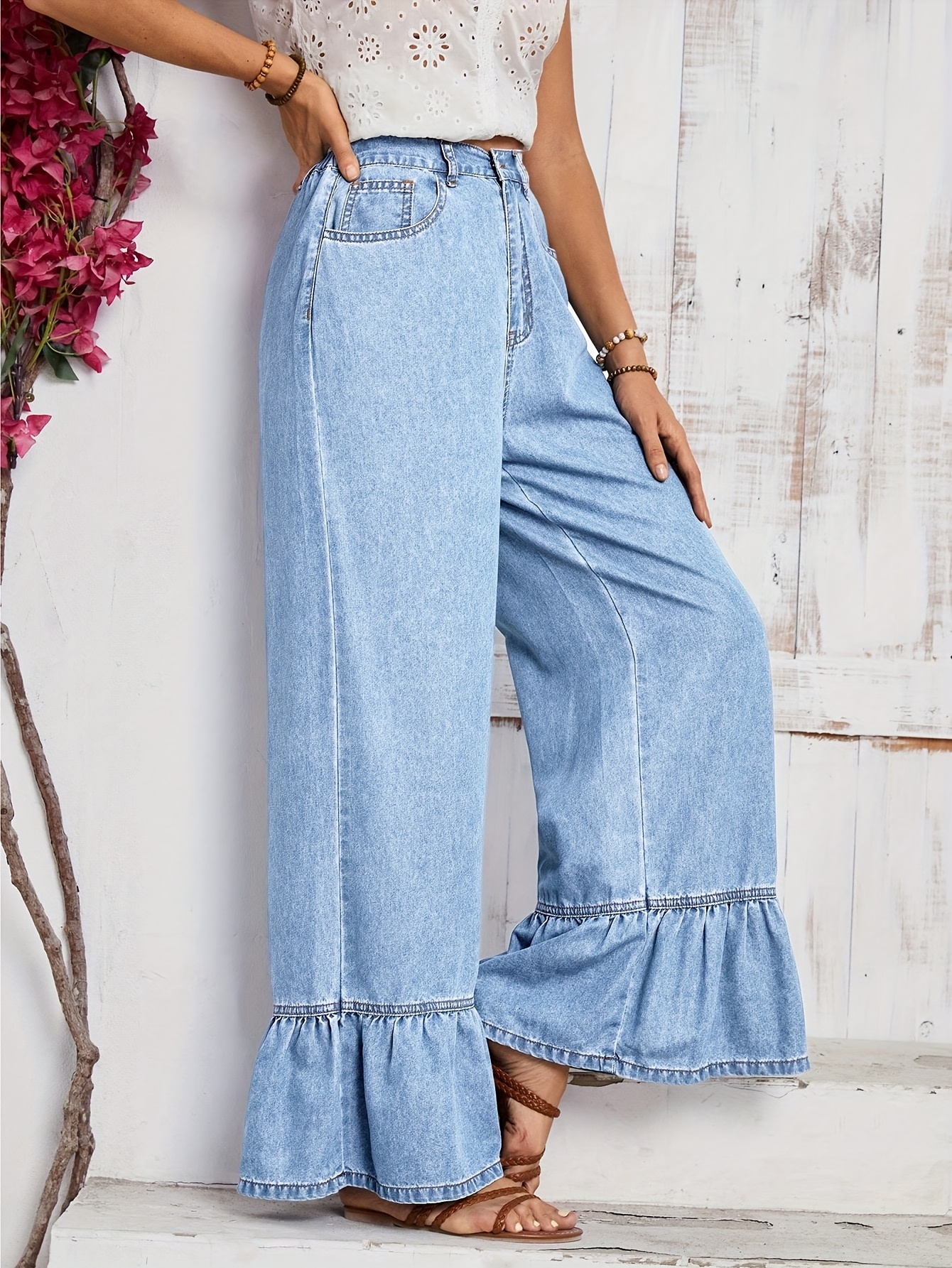 womens elegant loose wide leg jeans ruffle hem waist Temu Mauritius