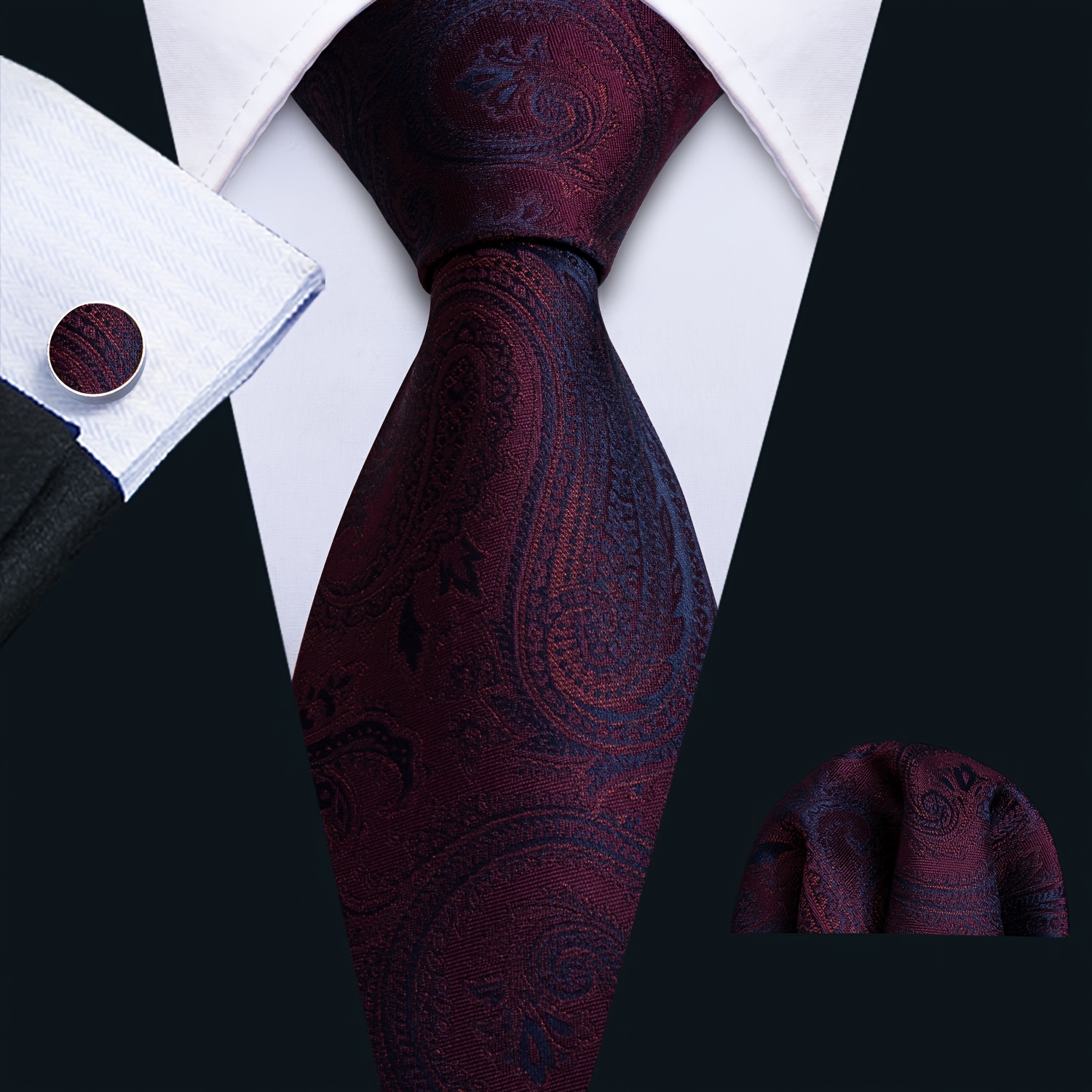 Image of Men's Blue Tie With Matching Pocket Square & Cufflinks | Solid Color Business Dress Accessory, Elegant Formal Party Wedding Suit Tie For Professional Attire - , Woven Fabric