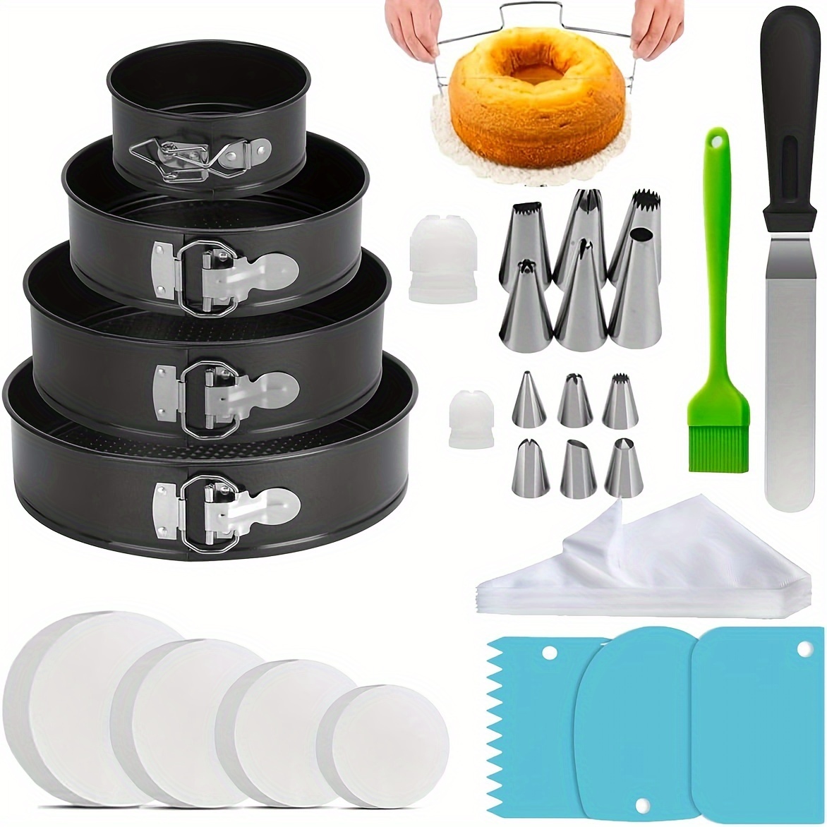 

Circular Cake Plate Set For Baking Cake Decorations: 4 Non Stick Spring Buckle Mold Sets (4, 7, 9, 10 Inches), Frosting Tips, Cake Flattener - Multifunctional Leak Proof Cheese Cake Plate