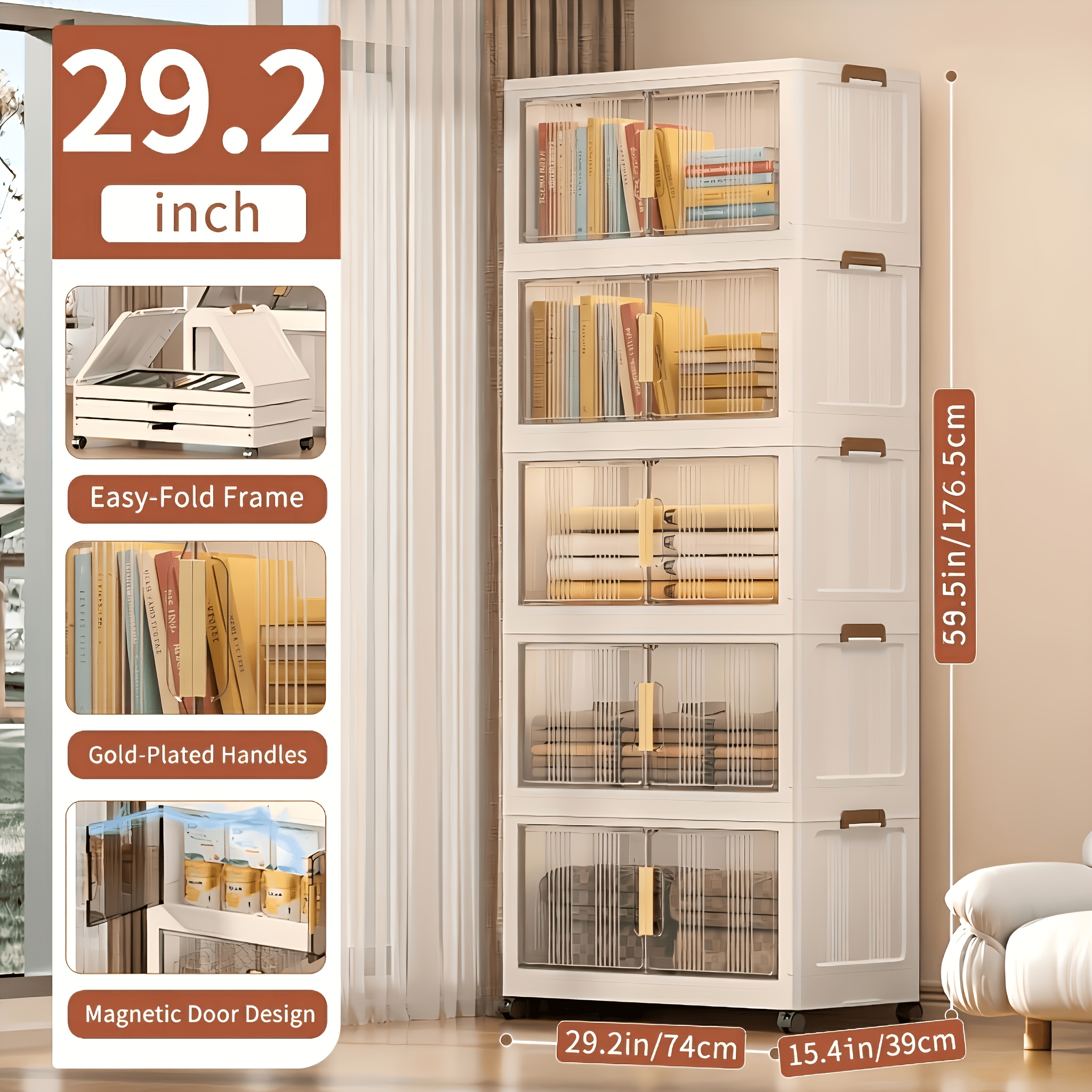 TEMU 29.2in Large Foldable Storage Bins With Lid And Wheels Stackable Plastic Storage Boxes Double Door Storage Containers 3/4/5 Tier For Kitchen
