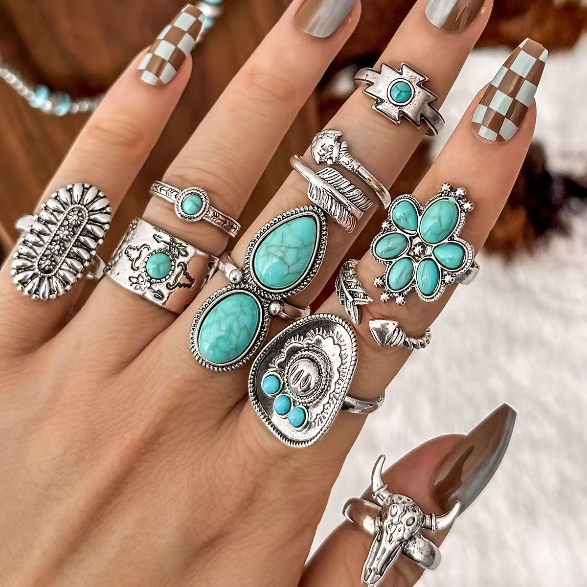 TEMU Set Of 10 Western Cowboy Rings, Elegant Vintage Multi-piece Ring Set For Parties, Vacations, And Daily Wear, Finger Accessories, Fashion Jewelry