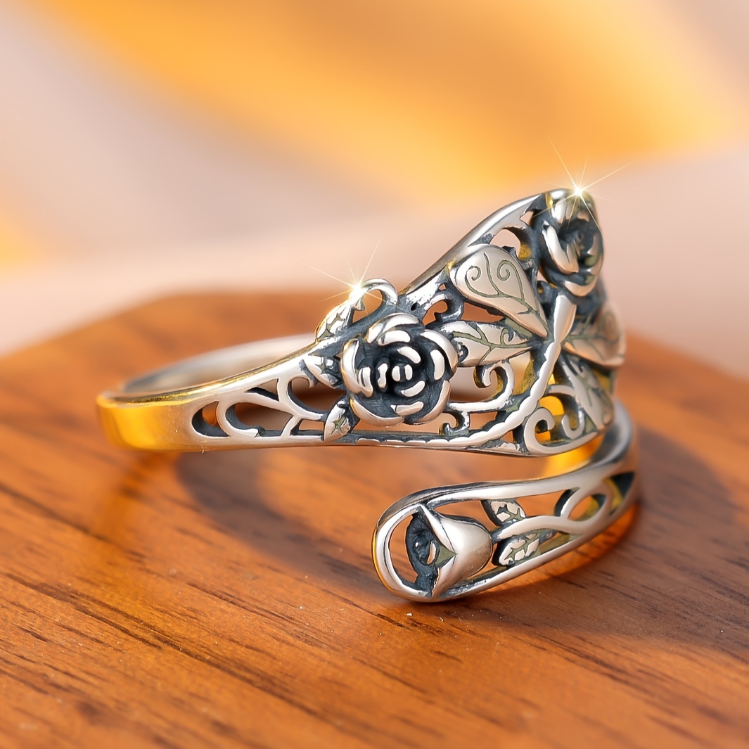 925 Silver Rose & Dragonfly Adjustable Ring Bohemian Style Ideal for Weddings