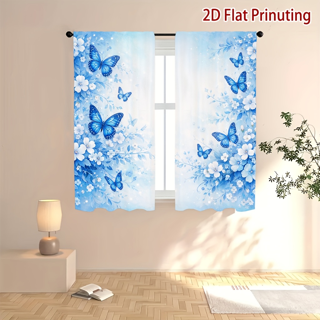 TEMU [ Product] 2pcs Blue White Flower Printed Curtains, Soft Light, Privacy Protection, Pocket Rod Installation Suitable For Living Room, Kitchen,