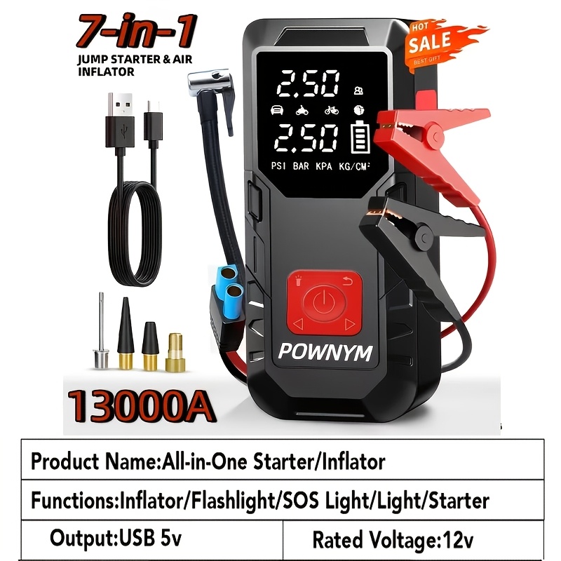TEMU 10000a/13000a 9-in-1 Multi-functional Emergency Jump Starter With Air Pump+10000a Single Supply 150psl Portable Car Battery Starter, Portable