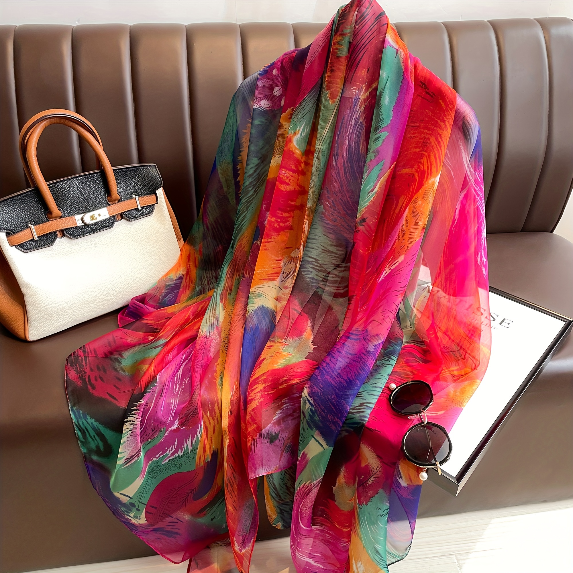 

Multicolor Print Lightweight Scarves Thin Breathable Inelastic Shawl Casual Windproof Sunscreen Travel Scarf For Women
