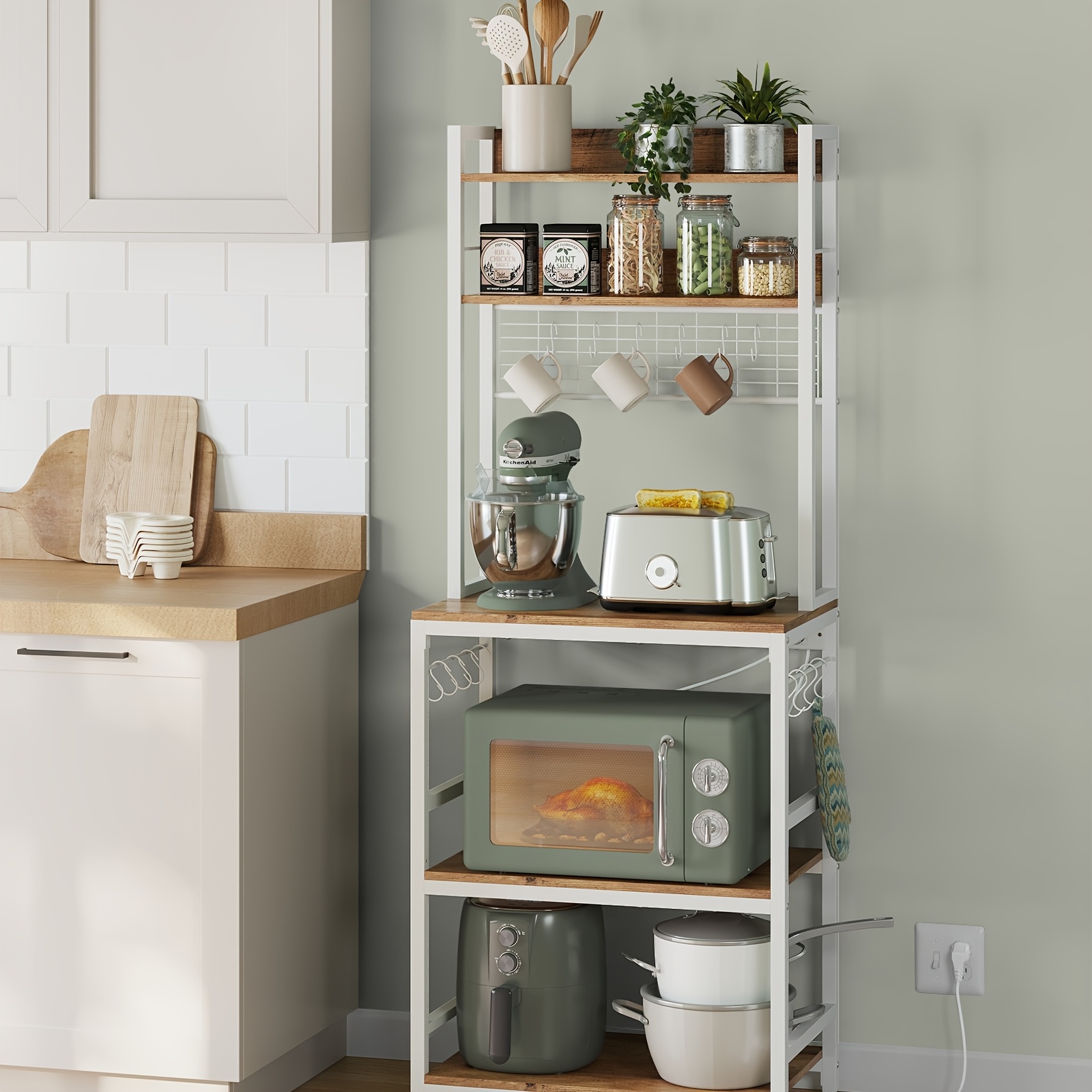 Kitchen Shelf Standing Shelf With Sockets Microwave Shelf Withlattice Plate 14 Hooks 40 X 60 X 170 Cm Walnut Brown White