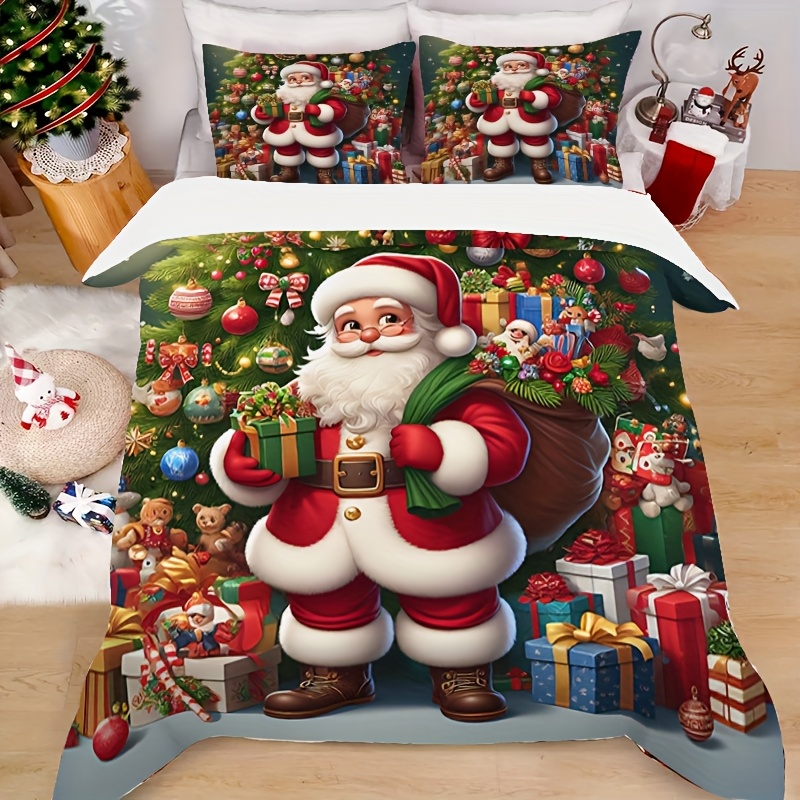TEMU Parure de lit 3 pièces pour Noël, housse de couette et taies d'oreiller imprimées motif Père Noël et arbre à cadeaux, fibre de respirante,