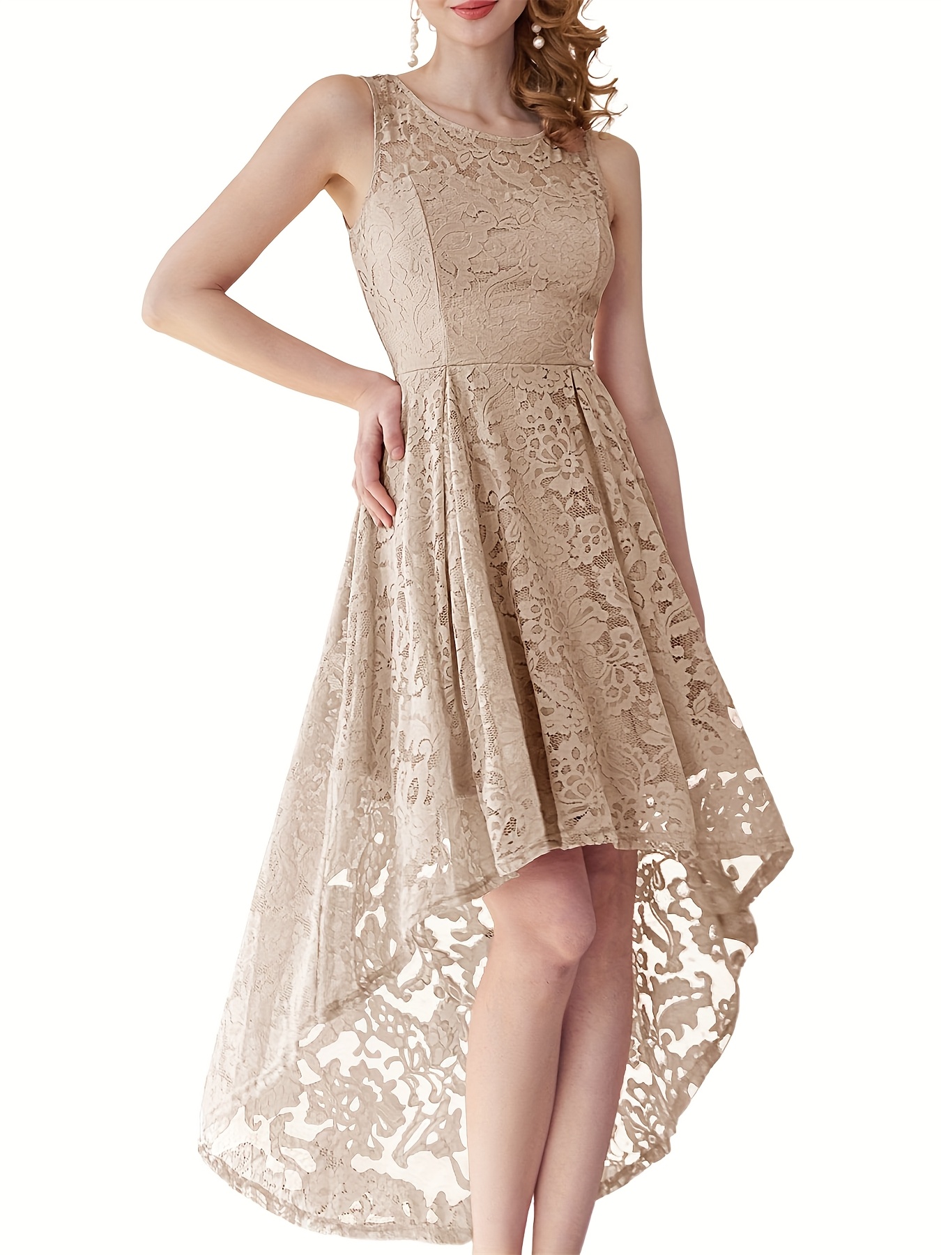 white bridal shower dress long sleeve Miss Circle Women Pallas Beige Lace Trim Crochet Mermaid Maxi Dress