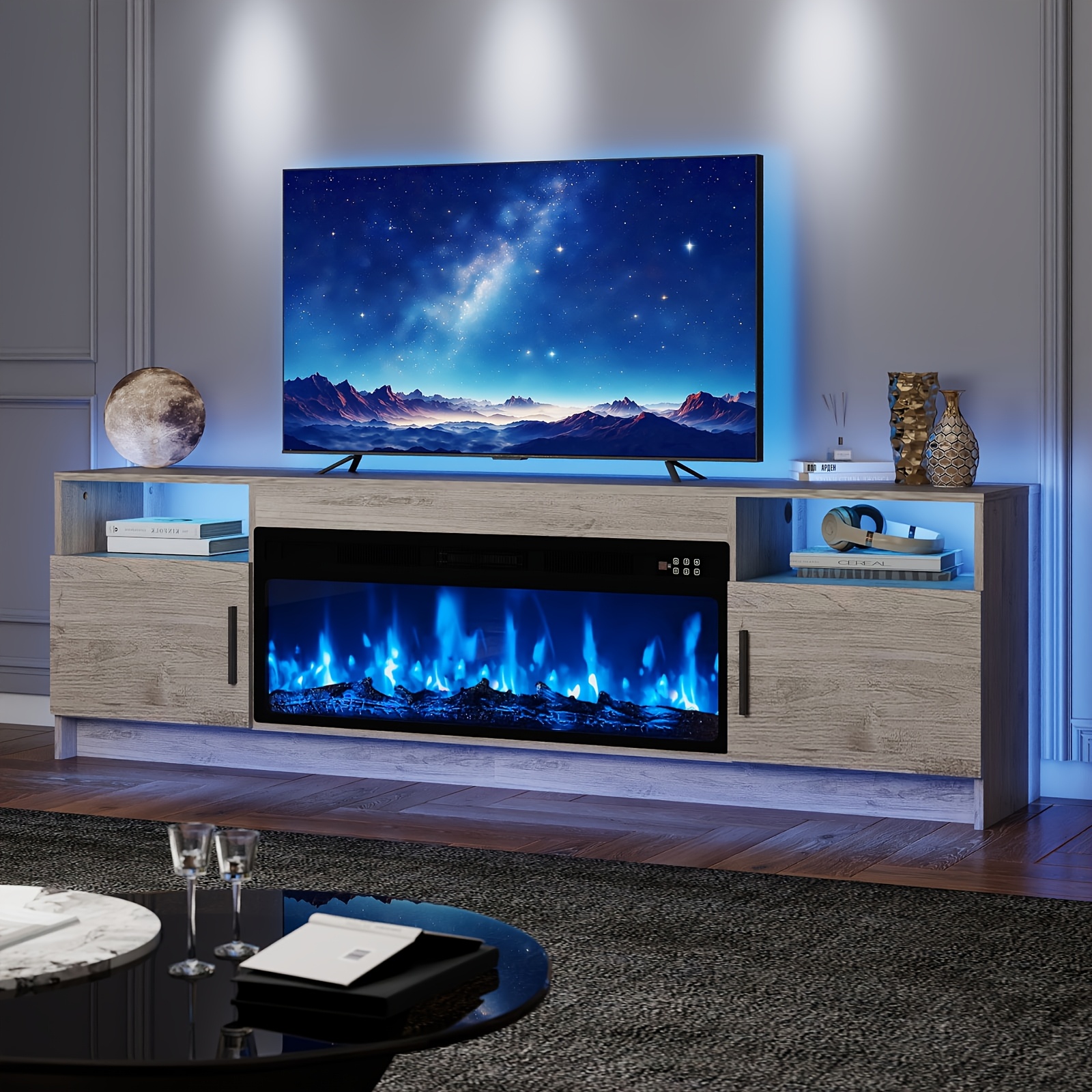 Fireplace Tv Stand With 36 Inch Fireplace Up To 80" Tvs, Led Light Entertainment Center And Storage, 70" Modern Wood Media With Highlight Cabinet For Living Room (white)