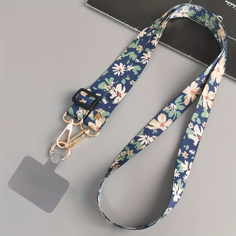 1pc Floral Pattern Polyester Fiber Crossbody Phone Strap With Adjustable Clasp And Pearl Pendant, Anti-lost Wide Neck Lanyard Rope For Mobile Phones