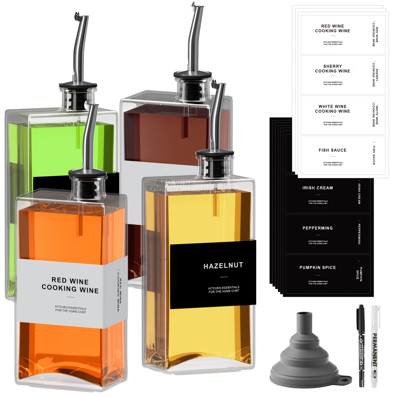 Image of 4pcs Glass Oil Bottle Set, With Silvery Spout And Labels, 500ml Oil Bottle, Olive Oil Bottle With Funnel, Vinegar Oil Bottle Set, Food-grade Glass Material With Labels, Suitable For Liquor And Vinegar