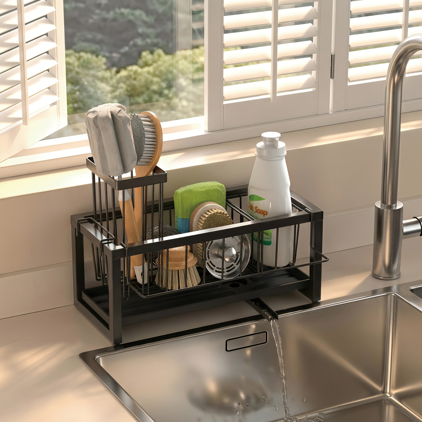 TEMU Sponge Drain Rack, Suitable For Kitchen Sinks, Sink Storage Rack With High Brush Handle, Kitchen Countertop Organizer, Sink Storage Rack.