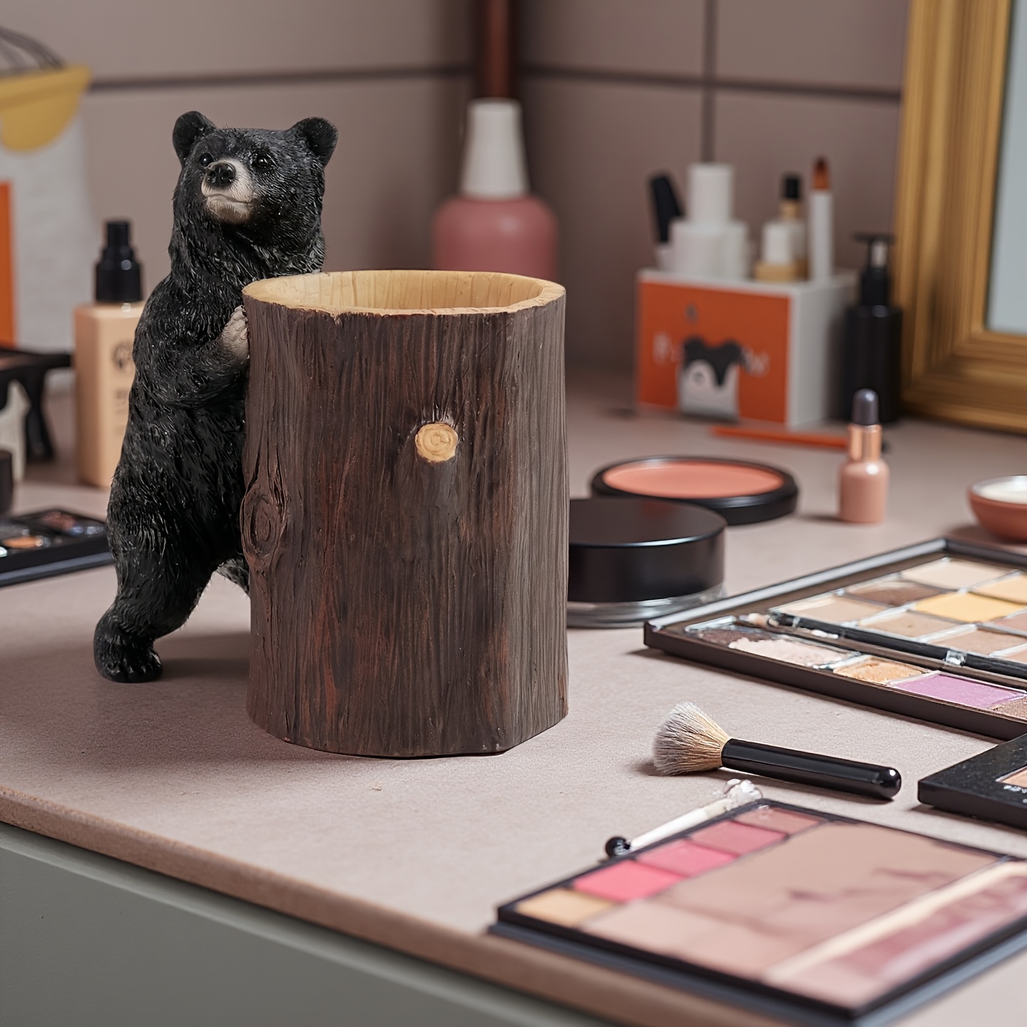 elegant large bear makeup brush holder resin art sculpture with anti   lightweight durable   vanity or bathroom decor ideal for 11 festivals makeup brush holder for vanity decorative unique creative statue ornament lightweight suitable for makeup organizers Product details 3